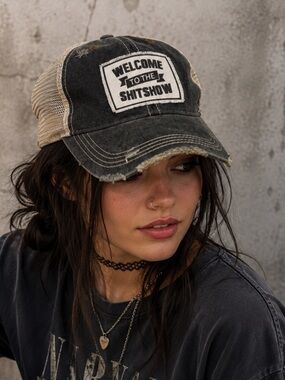 New- HEADMOST Distressed Black and Tan Cap. “ welcome to the shit show”